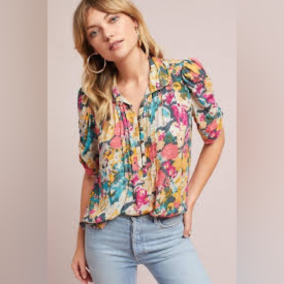 Anthropologie. Maeve. Lightweight Textured Floral Button Up Blouse. Size 2. - Picture 1 of 10